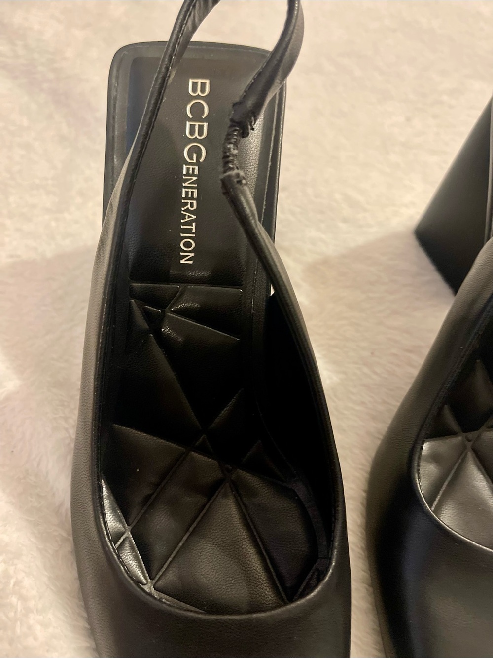 Black Slingback Geometric Block Heel Pumps by BCBG